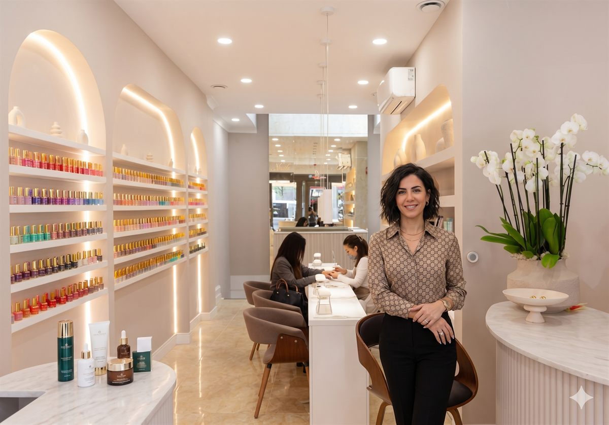 Nagelsalon-interieur met klant aan de manicuretafel en wand vol nagellak